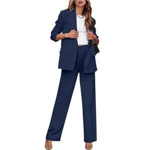 2 Piece Outfits for Women Dressy Long Blazer Jackets High Waisted Wide Leg Pants